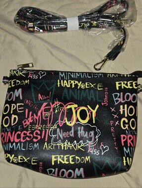 Alba Black Graffiti-Print Shoulder Bag with Multicolor Lettering